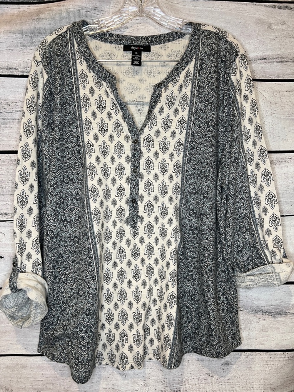 Style & Co. Cream Grey Printed Split-Neck Tunic Roll Up Sleeves Knit Popover Top